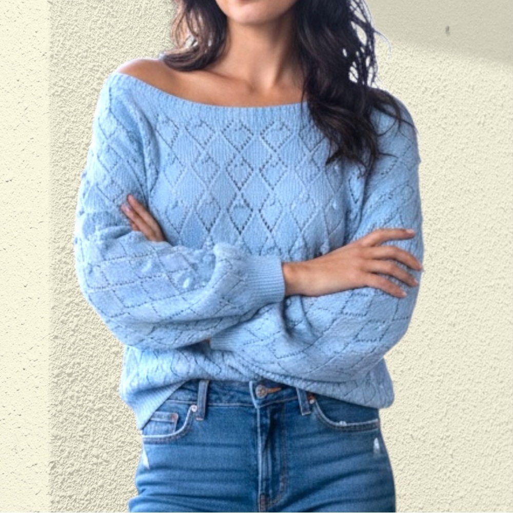 Vintage hand knit boat neck sweater with bubble sleeves pointelle detail